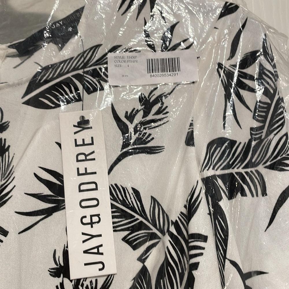 Jay Godfrey Dress "The Jean" Swing Dress Black White Feather Print Mini Size 4 - Picture 12 of 14
